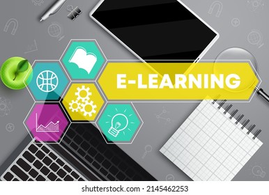 E-learning vector concept design. Elearning text with laptop, tablet and notepad school study elements for distance learning and online course. Vector illustration.