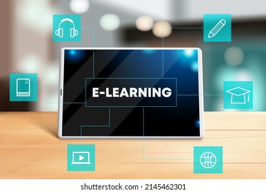 E-learning vector concept design. Elearning text in tablet screen device with online technology icons for home school education study. Vector illustration.