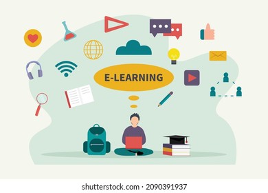 E-learning vector concept. Male college student using a laptop to studying online while sitting with e-learning word background