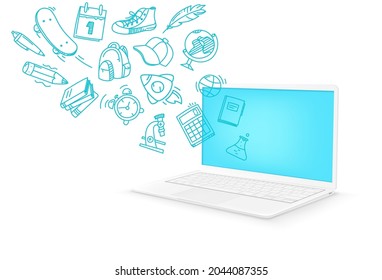 E-learning vector concept. Modern laptop with linear icons

