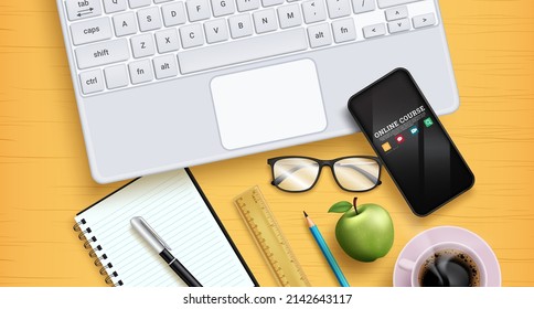 E-learning vector design. Online course elements with phone, laptop, notebook and eyeglasses educational tools for home school learning. Vector illustration.  
