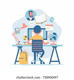 E-learning Vector Flat Concept Design With Student Sitting Behind Work Desk. Student In Learning Process, Back View 