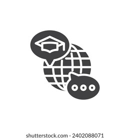 E-learning vector icon. Globe and graduation hat filled flat sign for mobile concept and web design. Online learning glyph icon. World education symbol, logo illustration. Vector graphics