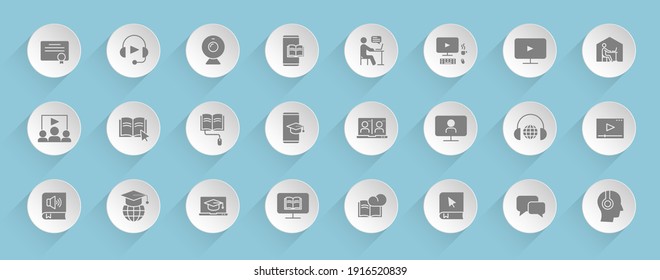 e-learning vector icons on round puffy paper circles with transparent shadows on blue background. e-learning stock vector icons for web, mobile and user interface design