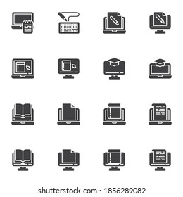E-learning vector icons set, online education modern solid symbol collection, filled style pictogram pack. Signs, logo illustration. Set includes icons as online book reading, laptop computer document