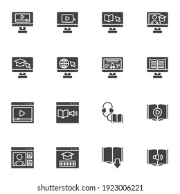 E-learning vector icons set, online education modern solid symbol collection, filled style pictogram pack. Signs, logo illustration. Set includes icons as digital library, online courses, audio book