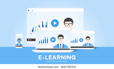 E-learning Vector Illustration With Smartphone, Monitor, Notebook, Tablet And Teacher On The Screen. Conceptual Multiplatform Education.