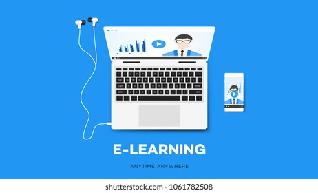 E-learning Vector Illustration With Smartphone, Notebook, And Teacher On The Screen. Conceptual Multiplatform Educational Template.