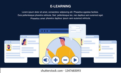E-Learning Vector Web Banner Layout with Copyspace. Open Browser Tabs. Video Tutorial, Lesson. Distance Learning, Education. Online Course. Streaming Video Hosting. Messenger, Live Chat. Webinar