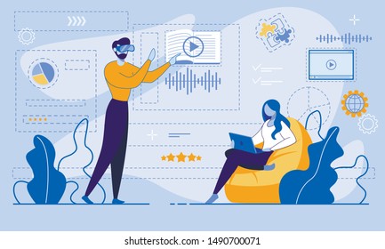 E-Learning via Internet or Virtual Reality Account. Man in VR Glasses Entering Online Account for Data Management and Studying. Woman Using Laptop for Watching Video Tutorial. Vector Flat illustration