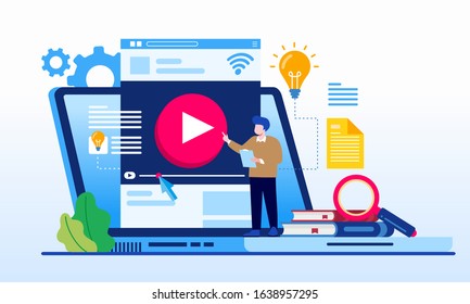E-learning video, technology, education online landing page website flat vector landing page 