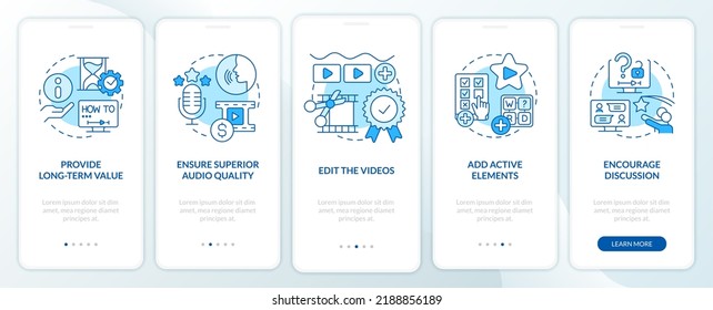 Elearning video tips blue onboarding mobile app screen. Walkthrough 5 steps editable graphic instructions with linear concepts. UI, UX, GUI template. Myriad Pro-Bold, Regular fonts used