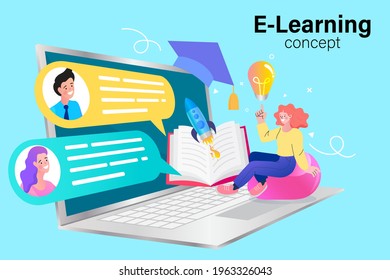 E-learning, video tutorial, online education. home schooling. Modern workplace, open book on laptop screen. Web courses or tutorials concept. Flat vector.