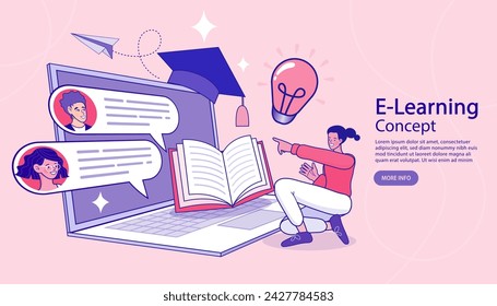 E-learning, video tutorial, online education. home schooling. internet class. Modern workplace, open book on laptop screen. Web courses or tutorials concept. Flat vector illustration.