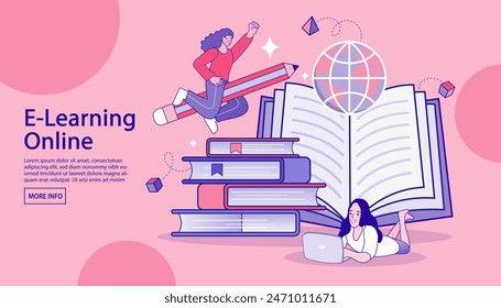 E-learning, video tutorial, online education. home schooling. internet class. Modern workplace, open book on laptop screen. Web courses or tutorials concept. Flat vector illustration.