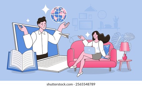 E-learning, video tutorial, online education. home schooling. internet class. Modern workplace, open book on laptop screen. Web courses or tutorials concept. Flat vector illustration.