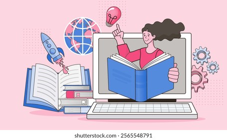 E-learning, video tutorial, online education. home schooling. internet class. Modern workplace, open book on laptop screen. Web courses or tutorials concept. Flat vector illustration.