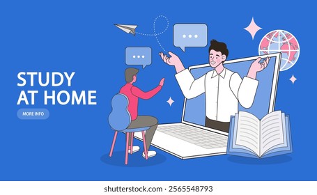 E-learning, video tutorial, online education. home schooling. internet class. Modern workplace, open book on laptop screen. Web courses or tutorials concept. Flat vector illustration.