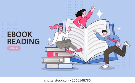 E-learning, video tutorial, online education. home schooling. internet class. Modern workplace, open book on laptop screen. Web courses or tutorials concept. Flat vector illustration.