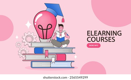 E-learning, video tutorial, online education. home schooling. internet class. Modern workplace, open book on laptop screen. Web courses or tutorials concept. Flat vector illustration.