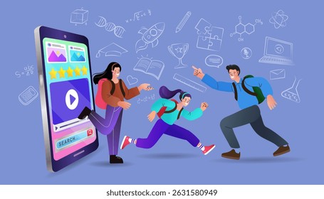 E-learning, video tutorial, online education. home schooling. internet class. Modern workplace, open book on laptop screen. Web courses or tutorials concept. Flat vector illustration.