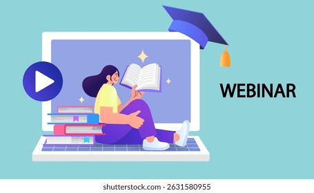 E-learning, video tutorial, online education. home schooling. internet class. Modern workplace, open book on laptop screen. Web courses or tutorials concept. Flat vector illustration.