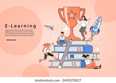 E-learning, video tutorial, Webinar and online education. home schooling. internet class. Modern workplace, open book on laptop screen. Web courses or tutorials concept. Flat vector illustration.