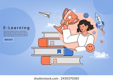 E-learning, video tutorial, Webinar and online education. home schooling. internet class. Modern workplace, open book on laptop screen. Web courses or tutorials concept. Flat vector illustration.
