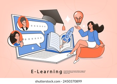 E-learning, video tutorial, Webinar and online education. home schooling. internet class. Modern workplace, open book on laptop screen. Web courses or tutorials concept. Flat vector illustration.