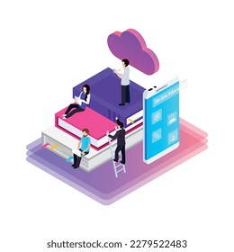 Elearning virtual library isometric concept with students using various gadgets to study online 3d vector illustration