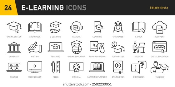 E-learning web icon set in line style. E-book, video tutorial, mentor, distance learning, video and audio courses, collection. Vector illustration.	