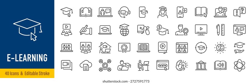 E-Learning-Websymbol im Linienstil. E-Book, Video-Tutorial, Mentor, Fernunterricht, Video-und Audio-Kurse, Sammlung. Bearbeitbarer Strich. Vektorgrafik.	