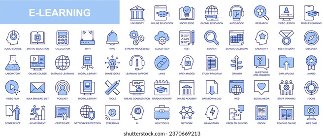 E-learning web icons set in blue line design. Pack of university, online education, knowledge, global, audio book, video lesson, course, cloud processing, test, other. Vector outline stroke pictograms