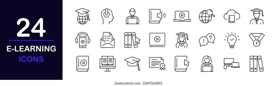 E-learning web icons set. Online education - simple thin line icons collection. Containing video tuition, digital education, learning, online course, website, webinar and more. Simple web icons set