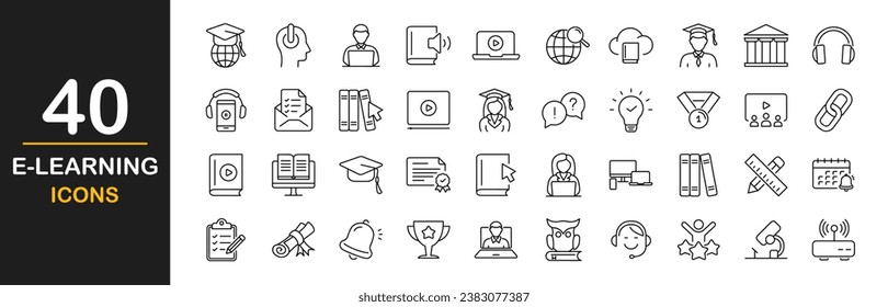 E-learning web icons set. Online education - simple thin line icons collection. Containing video tuition, digital education, learning, online course, website, webinar and more. Simple web icons set