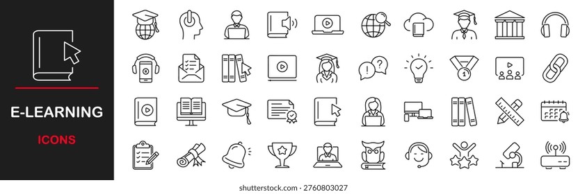E-learning web icons set. Online education - simple thin line icons collection. Containing video tuition, digital education, learning, online course, website, webinar and more. Simple web icons set