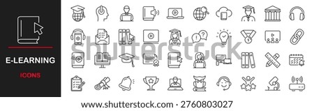 E-learning web icons set. Online education - simple thin line icons collection. Containing video tuition, digital education, learning, online course, website, webinar and more. Simple web icons set
