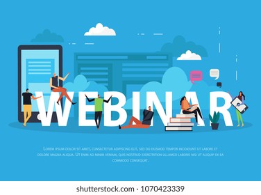 E-learning webinar flat landing page on blue background with human characters, clouds and bubbles vector illustration