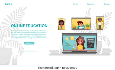 E-learning website template. Online education. Classmates using laptop and smartphones. Study at home with hand-drawn elements. Web courses or tutorials for learning. Vector flat cartoon illustration