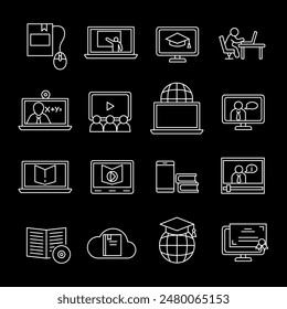 E-learning, white line icons. Symbols for online study and educational resources. Essential for education and technology themes. Symbols on black background. Editable stroke.