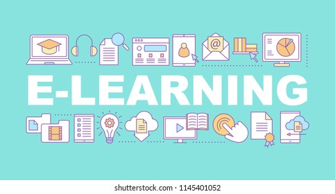 E-learning word concepts banner. Digital education. Internet surfing. Isolated lettering typography idea with linear icons. Interactive training. Online communication. Vector outline illustration