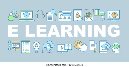 E-learning word concepts banner. Online education. Isolated lettering typography idea with linear icons. Online courses. Distance training. Electronic learning. Vector outline illustration
