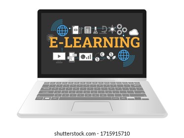 E-learning word with educational subject flat icons on laptop, Connect the internet for studying with computer, mobile phone, economics, investment, math, chemical, physics, mechanic and cloud compute