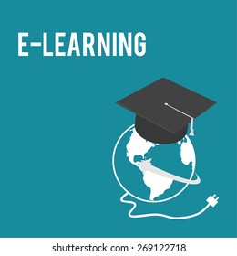E-learning, world and mortarboard over color background