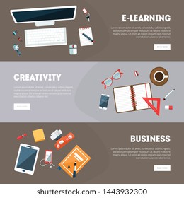 E-learning,Creativity, Business Banners Templates Set, Online Education, Creative Idea Research Banner, Landing Page Template Vector Illustration