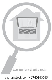E-learning.Learn at home, online students, study on a laptop.Magnifying glass, home, portable computer, book, light bulb, brain caused by searching
