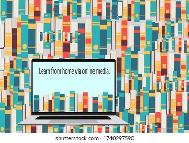 E-learning.Learn at home, online students, study on a laptop.Background of many books