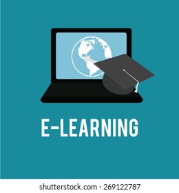 E-learning,world and  laptop over blue color background