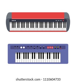 Elecronic Piano Set Isolated On White Background. Keyboard Piano Musical  Instruments. Music Synthesizer. Cute Flat Cartoon Style. Vector Illustration 