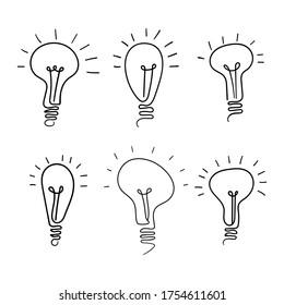 Electic light bulb doodle pictograms collection. Set of idea symbols isolated on white background. Vector illustration.